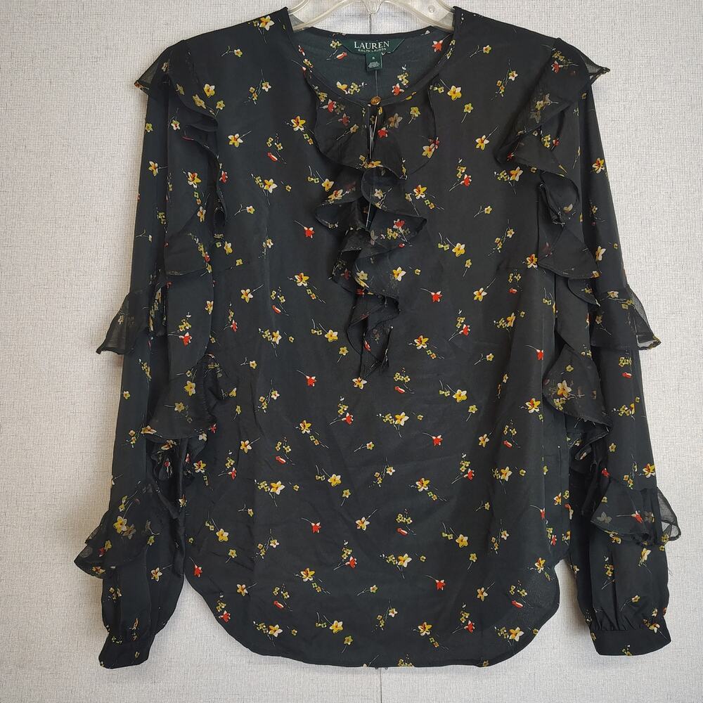 Lauren Ralph Lauren S Black Floral Ruffle Blouse Sheer Sleeve Romantic NWT